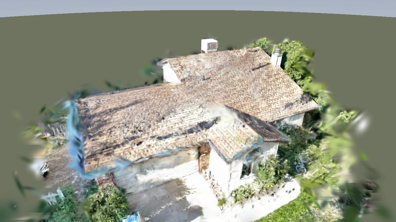 3D scan of a house from above the driveway, showing the shingle roof, eaves and gutters